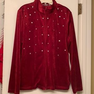 Sag Harbor Velour Zip Front Maroon Jeweled Jacket Size Large